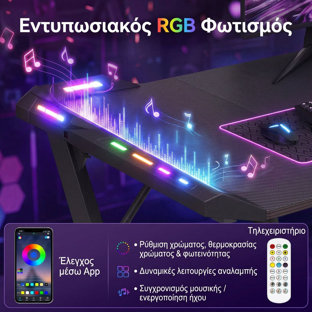 Γραφείο Gaming με Φωτισμό LED RGB, Μεταλλικό Σκελετό Σχήματος Z & Επιφάνεια Carbon Fiber 100×60×76 εκ.    LW-D410B101