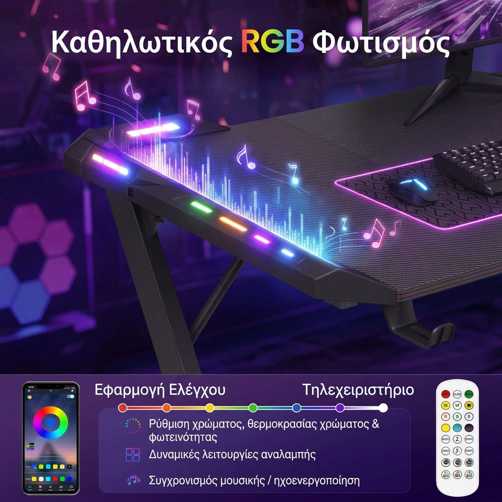 Γραφείο Gaming με Φωτισμό LED RGB, Μεταλλικό Σκελετό Σχήματος Z, Επιφάνεια Carbon Fiber & Θήκες Οργάνωσης, Μαύρο 140×60×76 εκ.   LW-D414B101