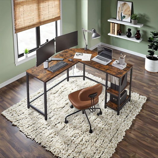 Γραφείο Υπολογιστή Μεγάλο Γωνιακό Γραφείο ράφια Τραπέζι γραφείου gaming Vintage καφέ  B34-LWD72X