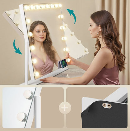 Μεγάλος Καθρέφτης Μακιγιάζ Φορητός για Τραπέζι Μπουντουάρ 80x60 εκ Περιστρεφόμενος με LED Ρυθμιζόμενο Φωτισμό και Θύρες Φόρτισης LW-M003WC02