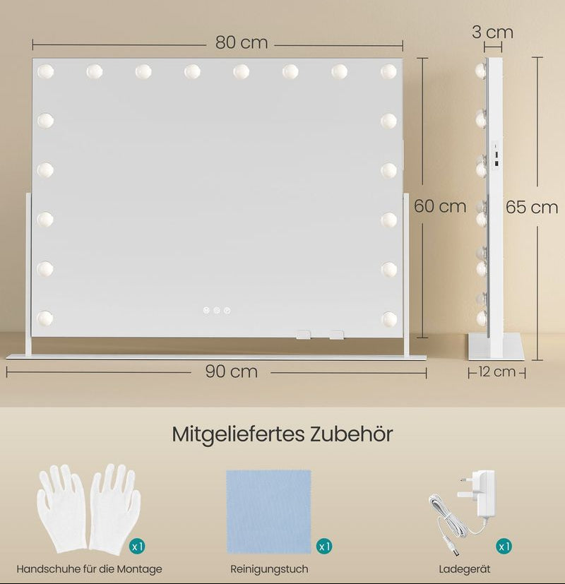 Μεγάλος Καθρέφτης Μακιγιάζ Φορητός για Τραπέζι Μπουντουάρ 80x60 εκ Περιστρεφόμενος με LED Ρυθμιζόμενο Φωτισμό και Θύρες Φόρτισης LW-M003WC02