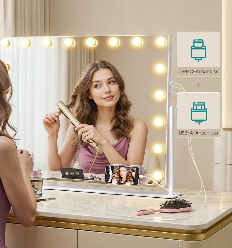 Μεγάλος Καθρέφτης Μακιγιάζ Φορητός για Τραπέζι Μπουντουάρ 80x60 εκ Περιστρεφόμενος με LED Ρυθμιζόμενο Φωτισμό και Θύρες Φόρτισης LW-M003WC02
