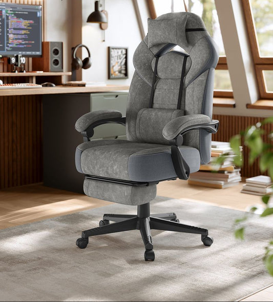 Καρέκλες Γραφείου Καρέκλα Υπολογιστή Gaming με Προσκέφαλο και Υποπόδιο Γκρί Σουέτ  OB-G077G01