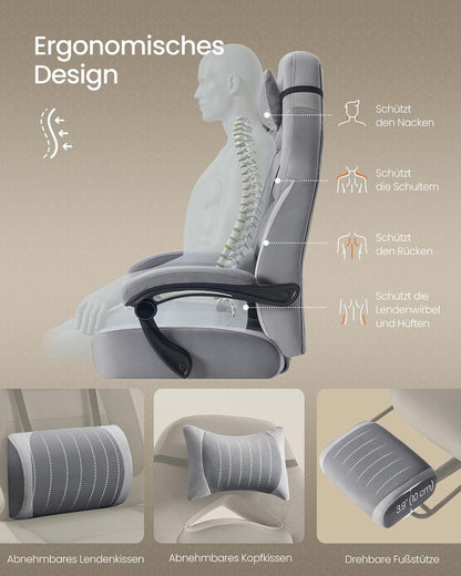 Καρέκλες Γραφείου Φαρδιά Καρέκλα Υπολογιστή Gaming με Προσκέφαλο και Υποπόδιο Γκρί Σουέτ B34-OBG077G02