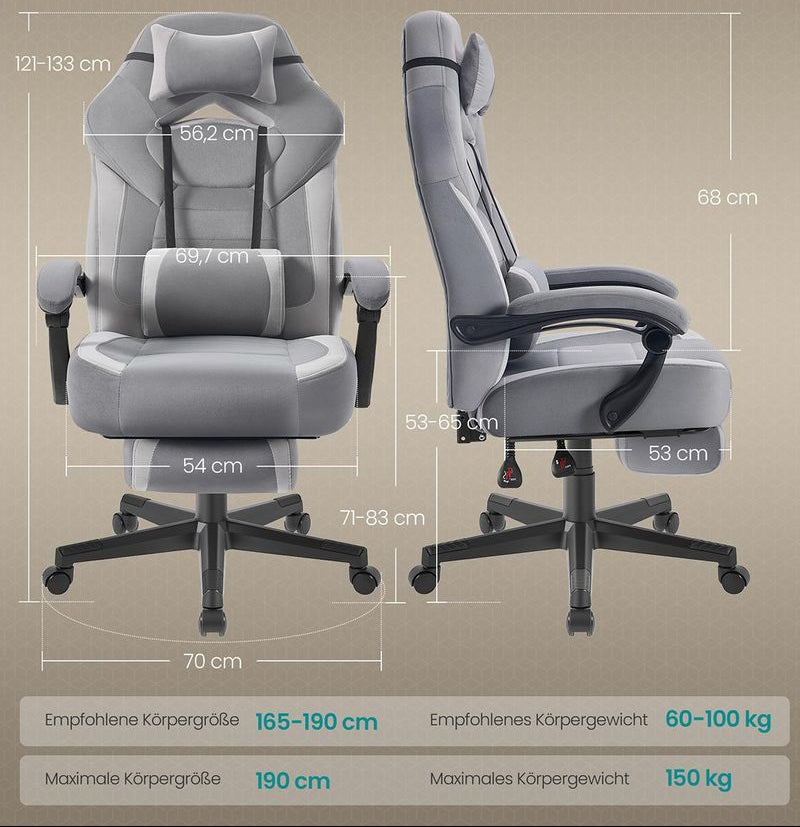 Καρέκλες Γραφείου Φαρδιά Καρέκλα Υπολογιστή Gaming με Προσκέφαλο και Υποπόδιο Γκρί Σουέτ B34-OBG077G02