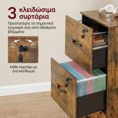 Ψηλή Συρταριέρα Γραφείου – Ντουλάπι Αρχειοθέτησης με 3 Κλειδωμένα Συρτάρια για Φακέλους A4,  Καφέ – 40 × 41 × 103 εκ.  OF-C055B01