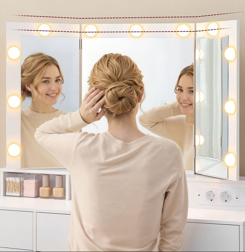Τραπέζι Μπουντουάρ Μακιγιάζ Tουαλέτας με Καθρέφτη Πτυσσόμενο και φώτα LED Πολύπριζο Συρτάρια 3 χρώματα Φωτός RD-T146WB01