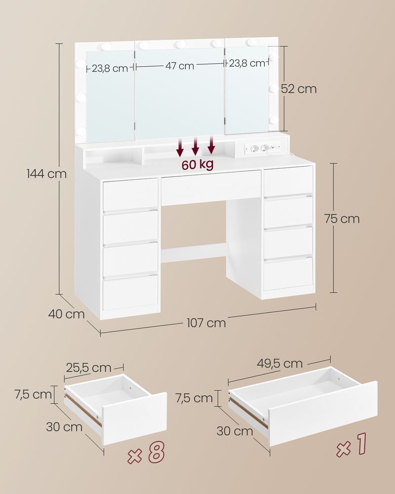 Τραπέζι Μπουντουάρ Μακιγιάζ Tουαλέτας με Καθρέφτη Πτυσσόμενο και φώτα LED Πολύπριζο Συρτάρια 3 χρώματα Φωτός RD-T146WB01