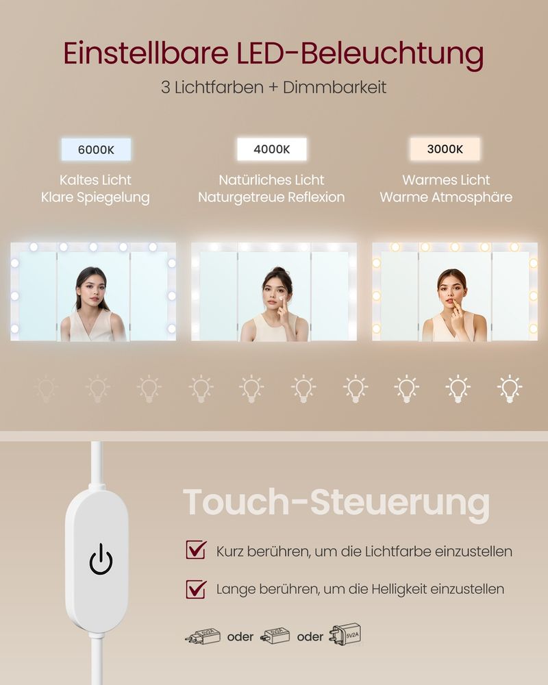 Τραπέζι Μπουντουάρ Μακιγιάζ Tουαλέτας με Καθρέφτη Πτυσσόμενο και φώτα LED Πολύπριζο Συρτάρια 3 χρώματα Φωτός RD-T146WB01