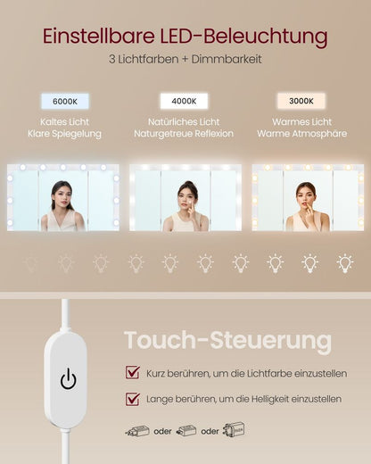 Τραπέζι Μπουντουάρ Μακιγιάζ Tουαλέτας με Καθρέφτη Πτυσσόμενο και φώτα LED Πολύπριζο Συρτάρια 3 χρώματα Φωτός RD-T146WB01