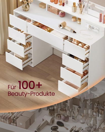 Τραπέζι Μπουντουάρ Μακιγιάζ Tουαλέτας με Καθρέφτη Πτυσσόμενο και φώτα LED Πολύπριζο Συρτάρια 3 χρώματα Φωτός RD-T146WB01