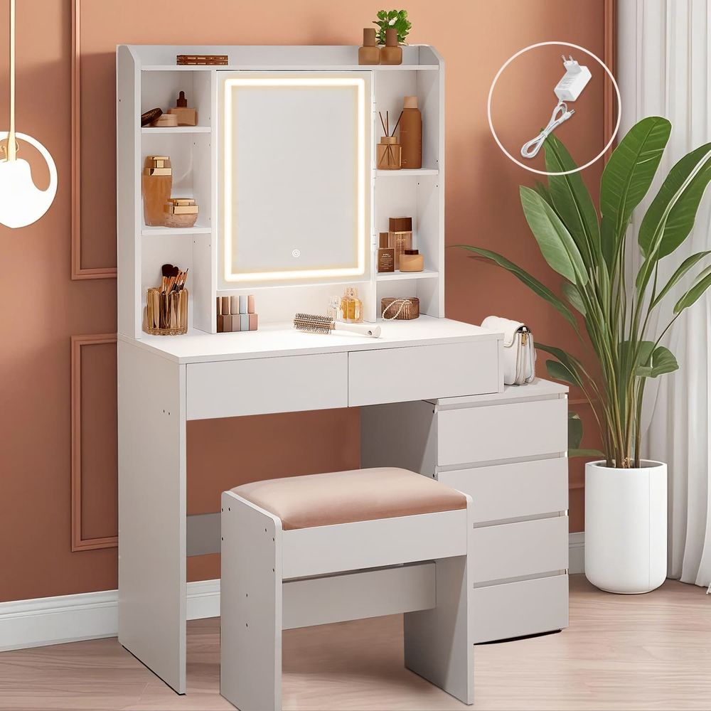 Τραπέζι Μπουντουάρ Μακιγιάζ Tουαλέτας Κρεβατοκάμαρας Καθρέφτης Με Ντουλάπι Λευκό με Φωτισμό LED Ρυθμιζόμενη Φωτεινότητα RD-T124W01