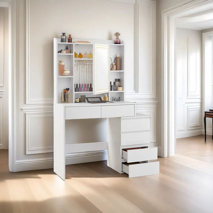 Τραπέζι Μπουντουάρ Μακιγιάζ Tουαλέτας Κρεβατοκάμαρας Καθρέφτης Με Ντουλάπι Λευκό με Φωτισμό LED Ρυθμιζόμενη Φωτεινότητα RD-T124W01