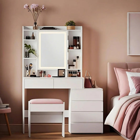 Τραπέζι Μπουντουάρ Μακιγιάζ Tουαλέτας Με Σκαμπό Κρεβατοκάμαρας Καθρέφτης Με Ντουλάπι Λευκό με Φωτισμό LED Ρυθμιζόμενη Φωτεινότητα RD-T125W01