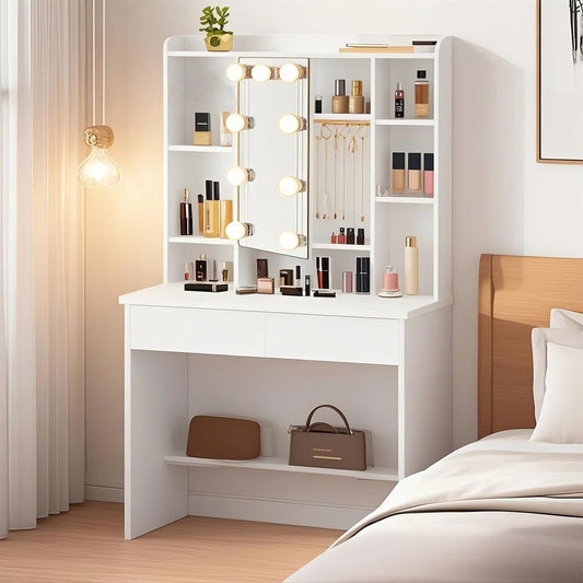 Dressing Table Bedroom Dressing Table Mirror With Cabinet White with LED Lighting Adjustable Brightness RD-T126W01