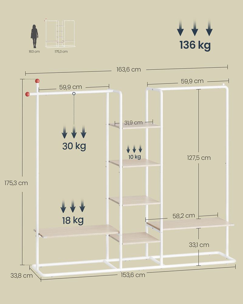 Ανοιχτή Ντουλάπα Γκαρνταρόμπα Ράφι Κρεμάστρα Ρούχων με 6 ράφια και 2 ράγες RGR-B35012K01