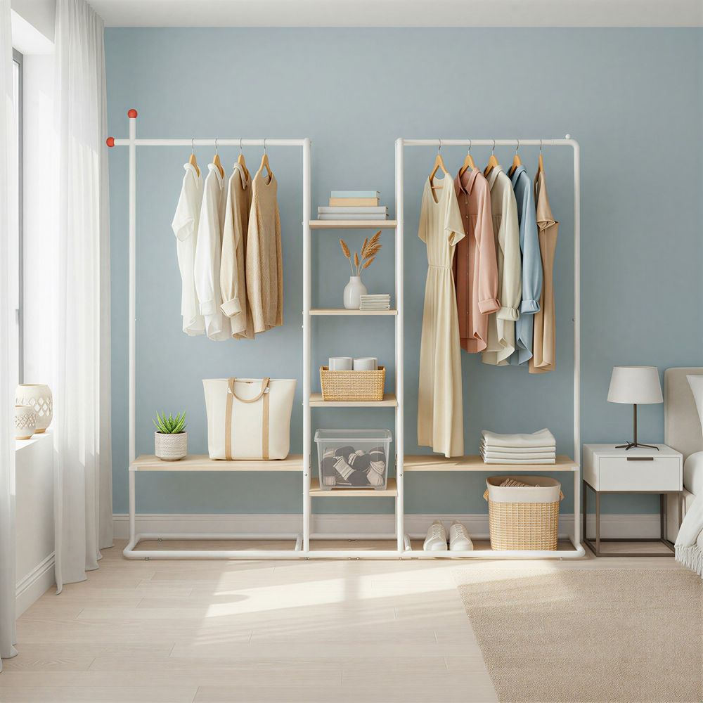 Ανοιχτή Ντουλάπα Γκαρνταρόμπα Ράφι Κρεμάστρα Ρούχων με 6 ράφια και 2 ράγες RGR-B35012K01