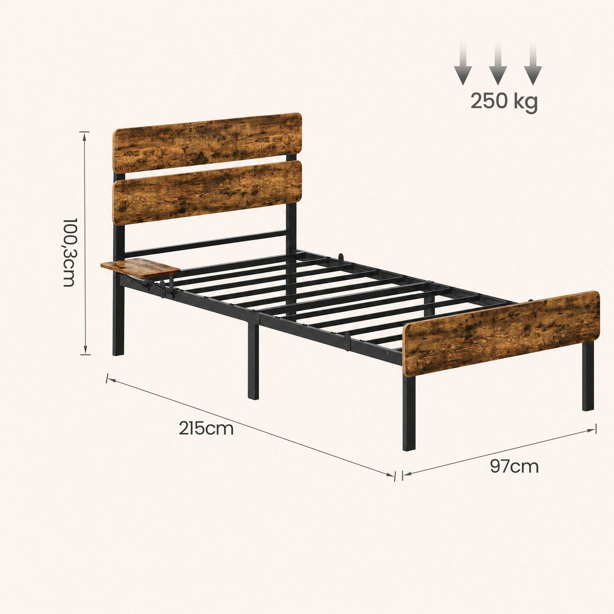 Μονό Κρεβάτι με Φωτισμό LED RGB 25 Χρωμάτων Θύρες USB-A  USB-C Κεφαλάρι με Ράφι και Μετακινούμενο Κομοδίνο  Καφέ και Μαύρο  215 x 97 x 100 εκ   RM-BB35102K102