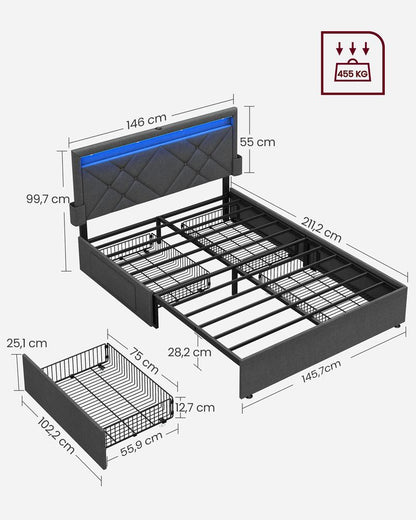 Διπλό Κρεβάτι 140 x 200 εκ Επενδυμένο με LED φωτισμό με 4 Συρτάρια και Βάση φόρτισης Ρυθμιζόμενο κεφαλάρι με επένδυση RM-B827G01