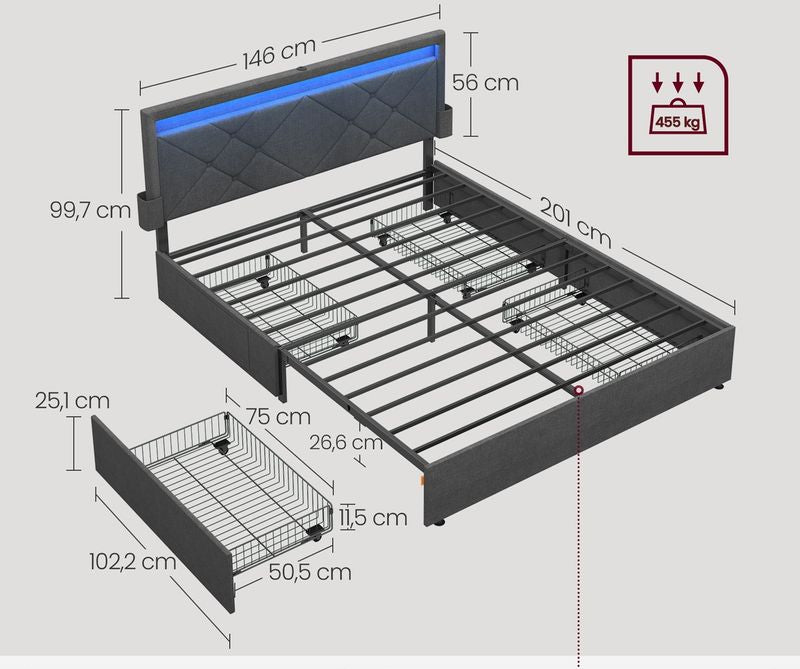 Σκελετός Διπλού Κρεβατιού 160x200 εκ και 140x200 εκ Κρεβάτι Με Συρτάρια και LED Φωτισμό Φόρτιση USB Θύρες RM-B828G02
