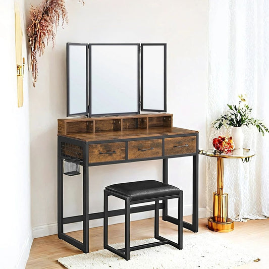 Τραπέζι Μπουντουάρ Μακιγιάζ Τραπέζι Μεικαπ Τουαλέτας Κρεβατοκάμαρας με Σκαμπό Καθρέφτης Vintage Καφέ RV-T004B01