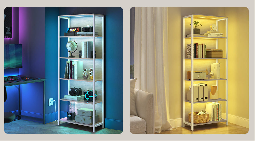 Βιβλιοθήκη με LED Φωτισμό 178 εκ Ύψος Ραφιέρα Βιτρίνα Μπεζ Λευκό 6 Ράφια LL-S120LL01