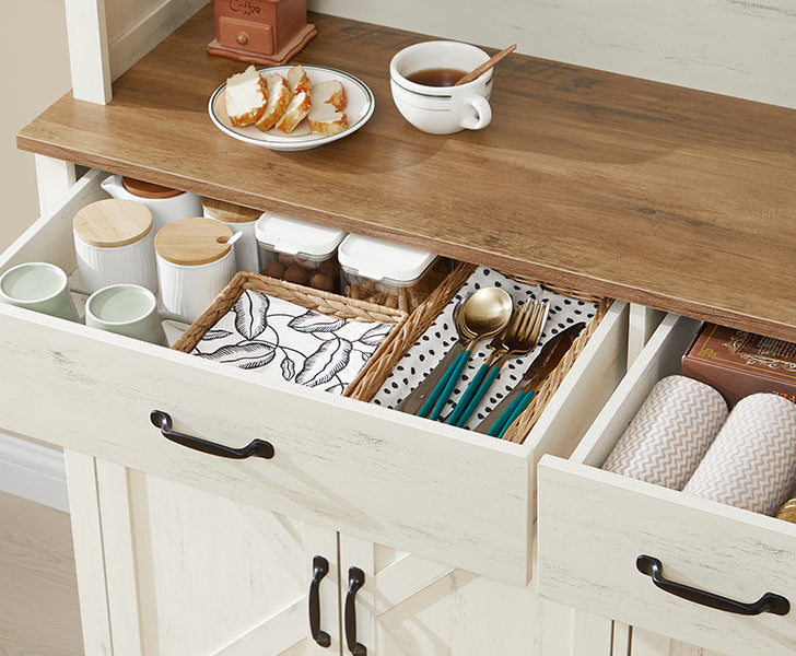 Μπουφές με φωτισμό Ντουλάπι Βοηθητικό Ράφι Κουζίνας με Συρόμενες πόρτες και συρτάρια 39,5 x 106,5 x 180,6 εκ Παλαιωμένο Λευκό BB-K391W02