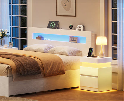 Κομοδίνο με Σταθμό Φόρτισης Σετ 2 τεμαχίων Φωτισμός LED Βοηθητικό Τραπεζάκι Μοντέρνο με Συρτάρια, 2 Πρίζες AC και Θύρες USB LET-829WB01