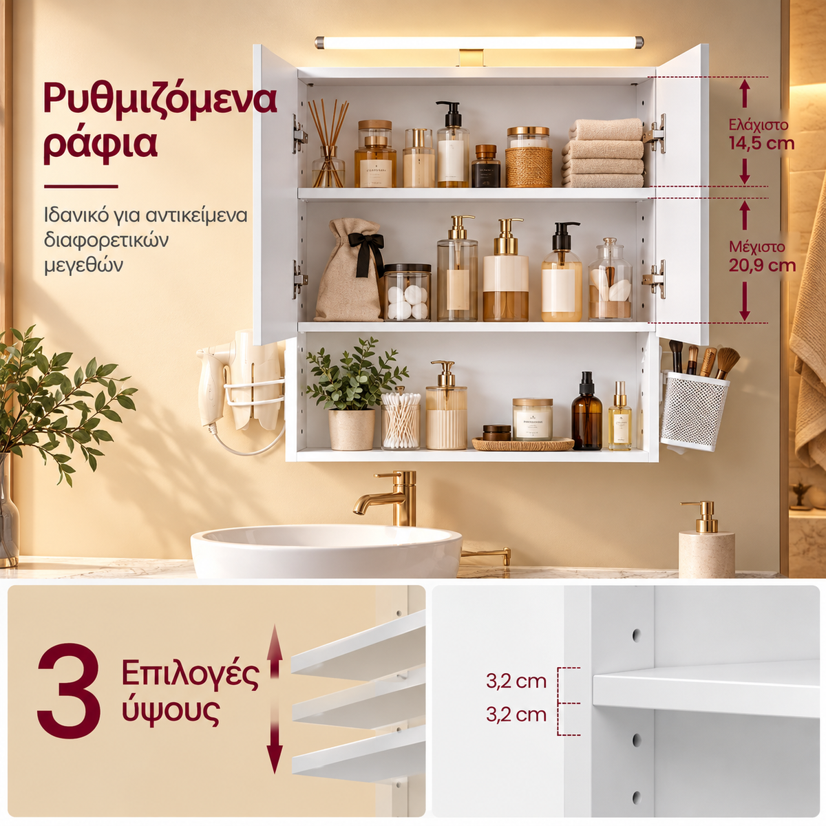 Επιτοίχιο Ντουλάπι Μπάνιου με Καθρέφτη και LED Φωτισμό με Αποθηκευτικά Ράφια – Λευκό 13 x 56 x 58 εκ. BB-K224WB01
