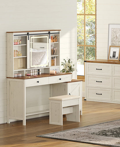 Τραπέζι Μπουντουάρ Μακιγιάζ Tουαλέτας Με Σκαμπό Κρεβατοκάμαρας Καθρέφτης Αφής Ντουλάπι Κοσμημάτων και Πρίζες  Παλαιωμένο Λευκό RD-T136W01