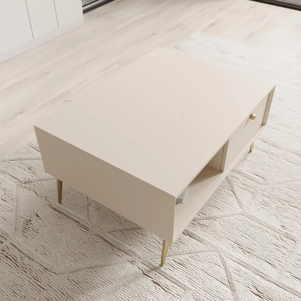 Μοντέρνο Τραπεζάκι Σαλονιού Μπεζ με Χρυσά Πόδια Τραπεζάκι Καθιστικού με Ντουλάπι 93764