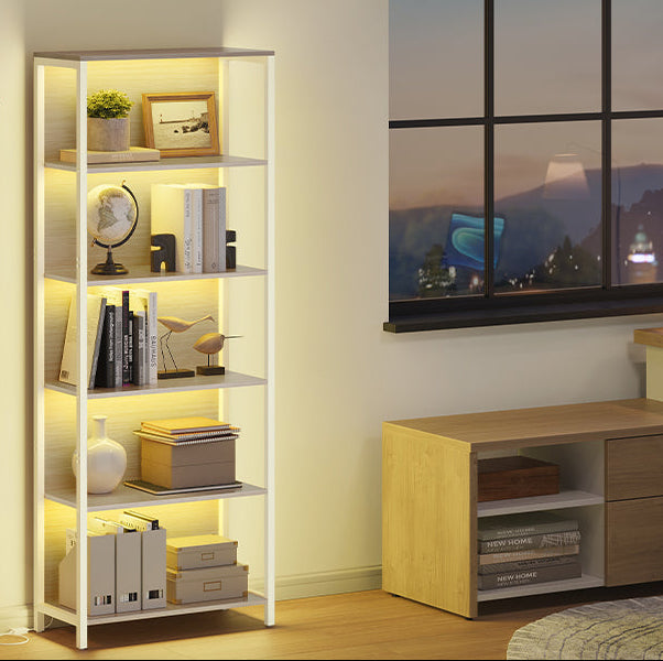 Βιβλιοθήκη με LED Φωτισμό 178 εκ Ύψος Ραφιέρα Βιτρίνα Μπεζ Λευκό 6 Ράφια LL-S120LL01