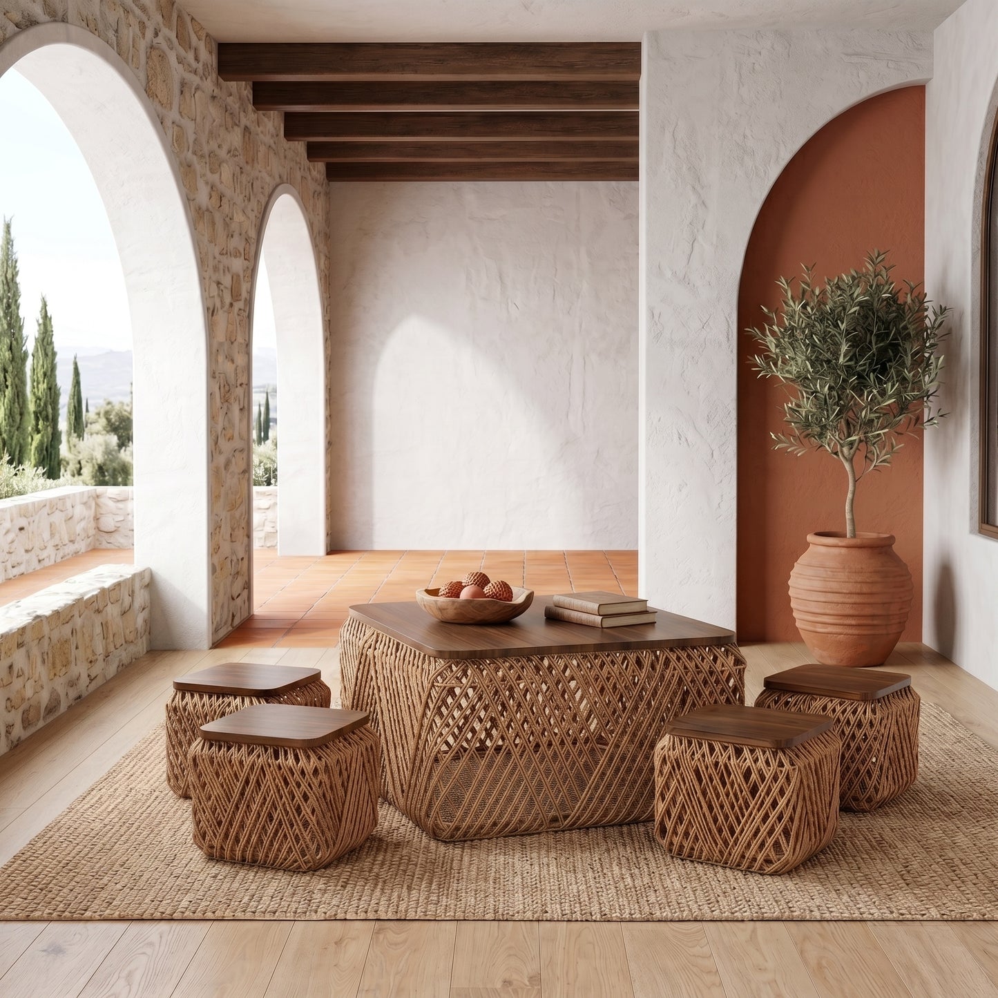 Σετ Χαμηλό Τραπεζάκι Σαλονιού Boho με 4 Σκαμπώ Ξύλο Σκούρο Καφέ & Αδιάβροχο Σχοινί και για Μπαλκόνι 90169