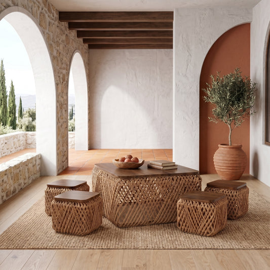 Σετ Χαμηλό Τραπεζάκι Σαλονιού Boho με 4 Σκαμπώ Ξύλο Σκούρο Καφέ & Αδιάβροχο Σχοινί και για Μπαλκόνι 90169