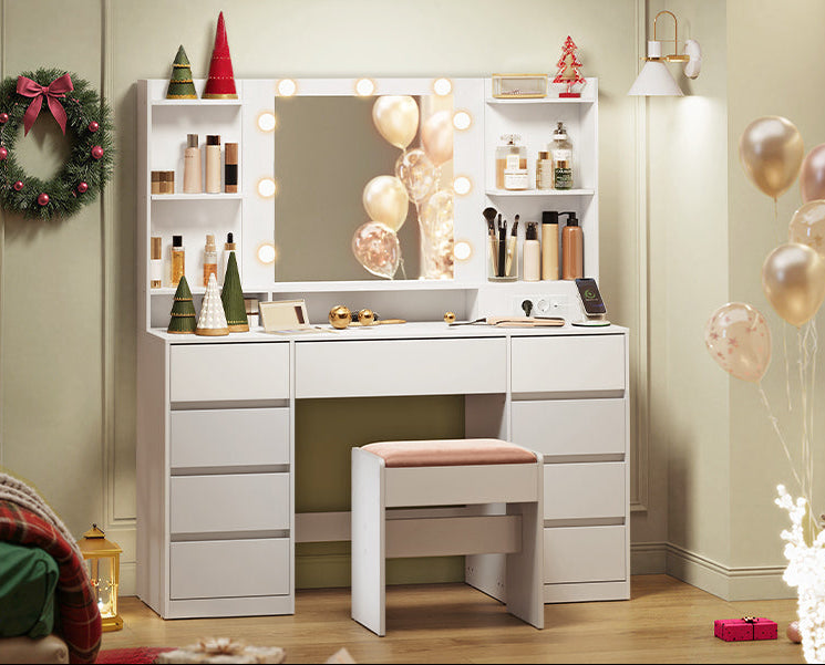 Τραπέζι Μπουντουάρ Μακιγιάζ Tουαλέτας με Καθρέφτη και φώτα LED Πολύπριζο Συρτάρια 3 χρώματα Φωτός RD-T141WB02