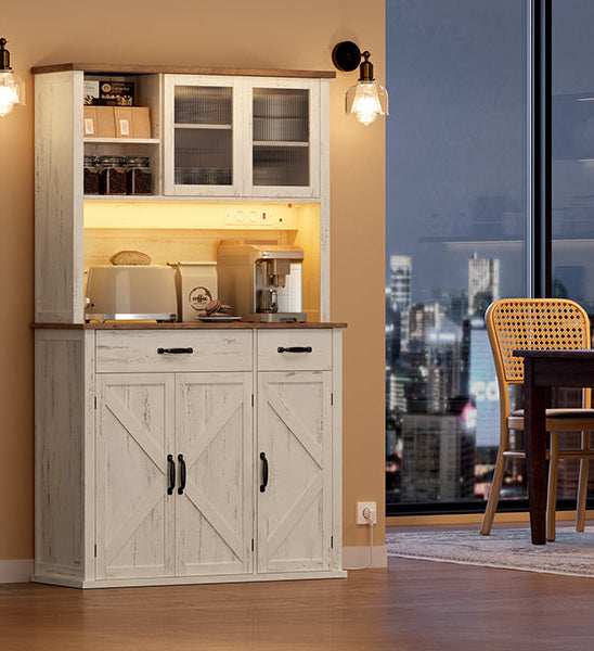 Μπουφές με φωτισμό Ντουλάπι Βοηθητικό Ράφι Κουζίνας με Συρόμενες πόρτες και συρτάρια 39,5 x 106,5 x 180,6 εκ Παλαιωμένο Λευκό BB-K391W02