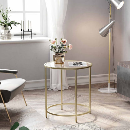 Side Table Round Glass Table with Gold Metal Frame Small Coffee Table Nightstand Gold LG-T20G
