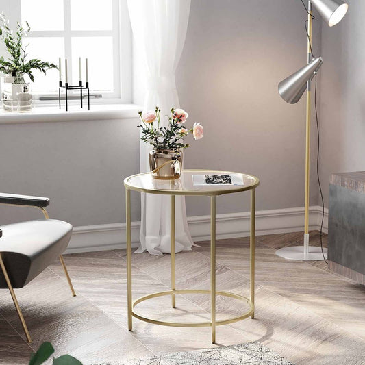 Side Table Round Glass Table with Gold Metal Frame Small Coffee Table Nightstand Gold LG-T20G