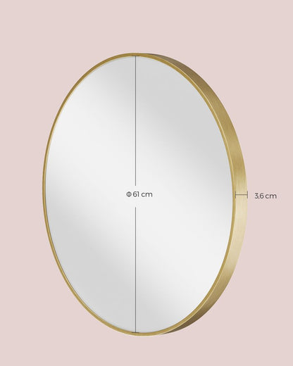 Wandspiegel aus Metall, goldfarben, rund, 61 cm Durchmesser, für Wohnzimmer, Schlafzimmer, Badezimmer, Schwarz, LW-M102B01
