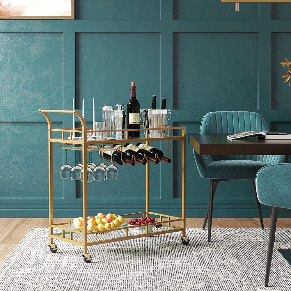 Bar Furniture Trolley Dining Room with Mirror Kitchen Side Table Gold LR-C090A03