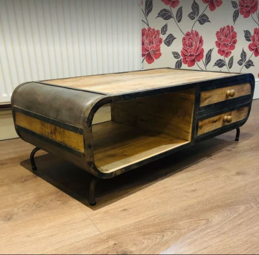 Τραπεζάκι Σαλονιού Αντικέ από Μασίφ Ξύλο και Μέταλλο Βιομηχανικό Στυλ    1247804