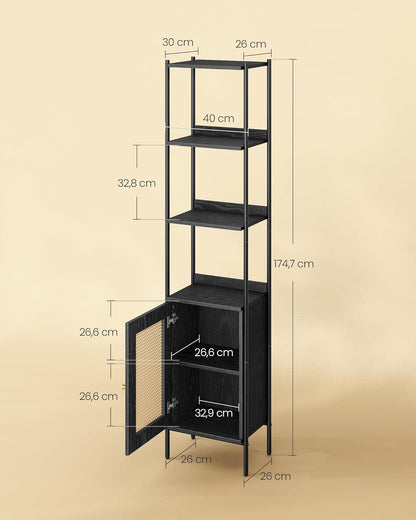 6 Tier Bookcase Tall Door Shelf Rattan Boho Metal Frame Black LL-S122B56
