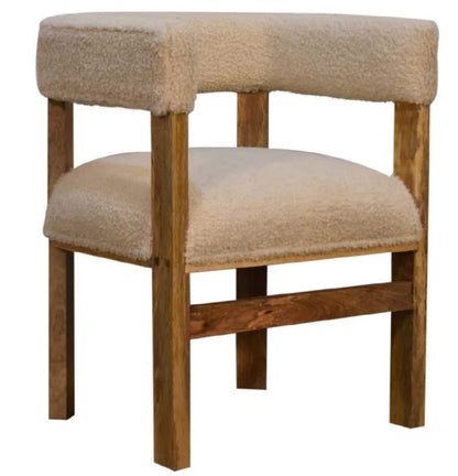 Χειροποίητα Καρέκλα Πολυθρόνα Ταμπουρέ Παγκάκι Σκαμπό Boucle Κρέμ με Ξύλο και Δέρμα IN3299