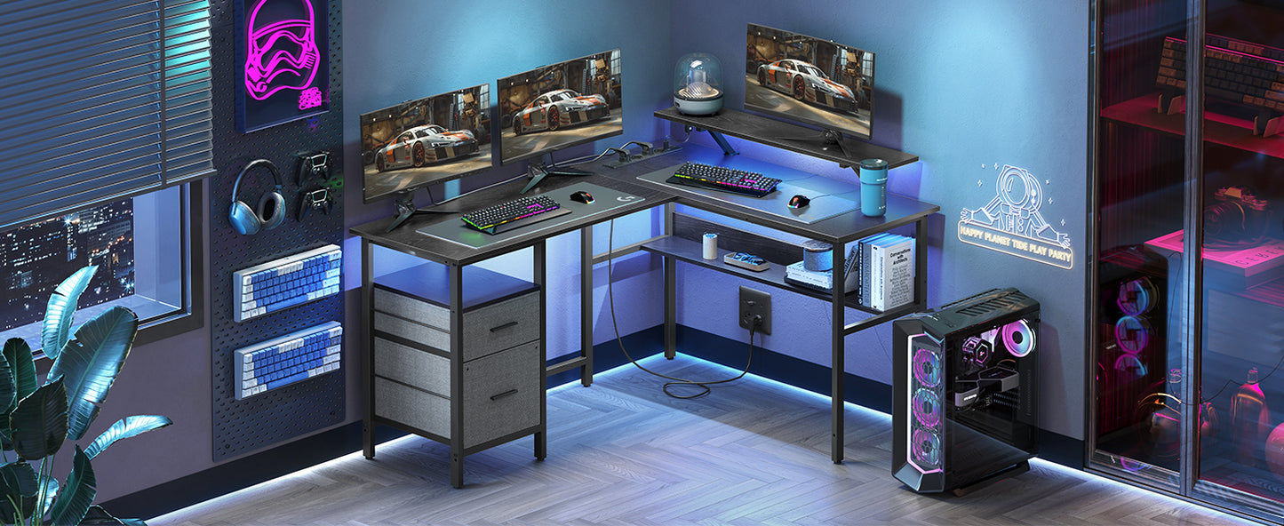Eckcomputertisch-Monitorständer, LED-Beleuchtung, USB-Anschlüsse, 150 x 120 x 76 cm, Schwarz LW-D095B01