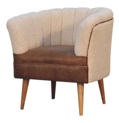 Moderner Sessel, drehbar und fester handgefertigter Bouclé-Hocker in Creme mit Leder und Holz IN3535
