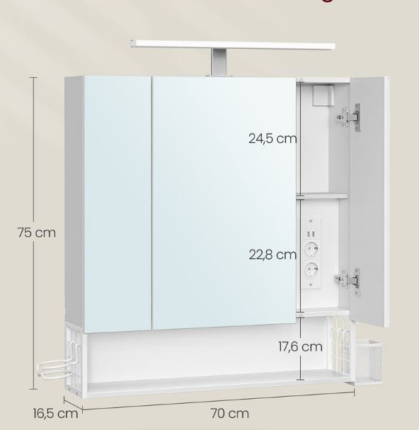 Badezimmer-Spiegelschrank mit Beleuchtung, mehrteiliger Badezimmer-Wandschrank, modernes Weiß, BB-K126W01