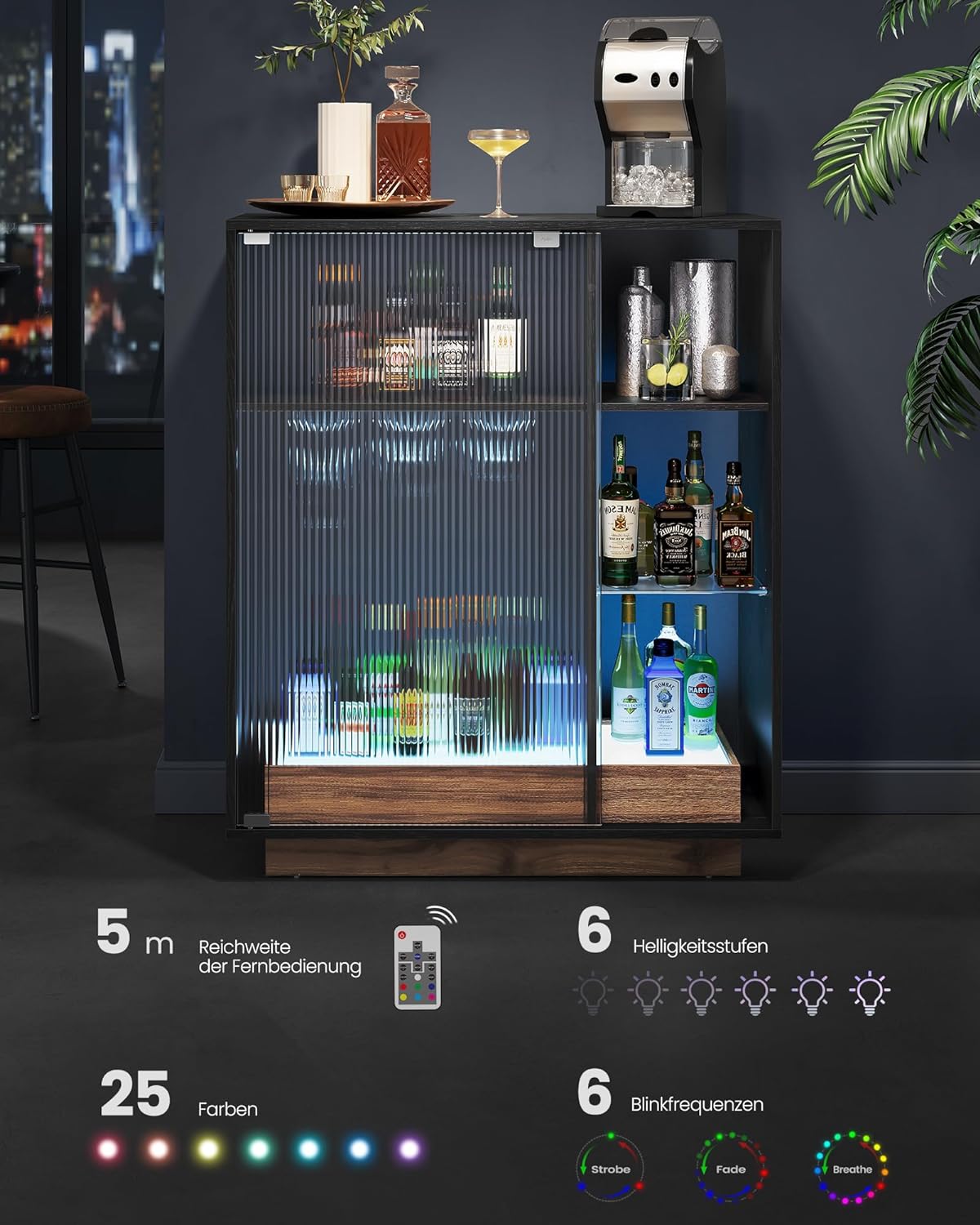 Bar Cabinet with Lighting Sideboard with LED Adjustable Bar with holder for glasses Glass door BB-K361B21