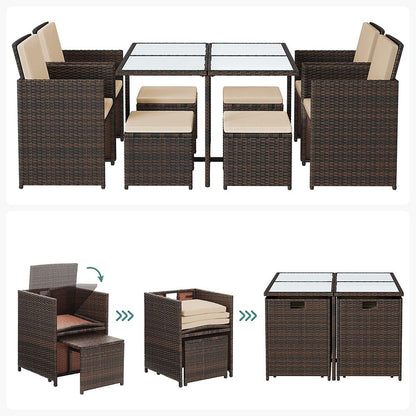 Garten-Essgruppe, 8-Sitzer, Balkonmöbel, Tisch, Stühle, Hocker mit Kissen, GG-F009K02
