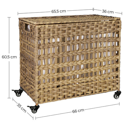 Unwashed Basket Bathroom Trolley Clothes Trunk with Lid and Wheels Handmade Natural LC-B083N01