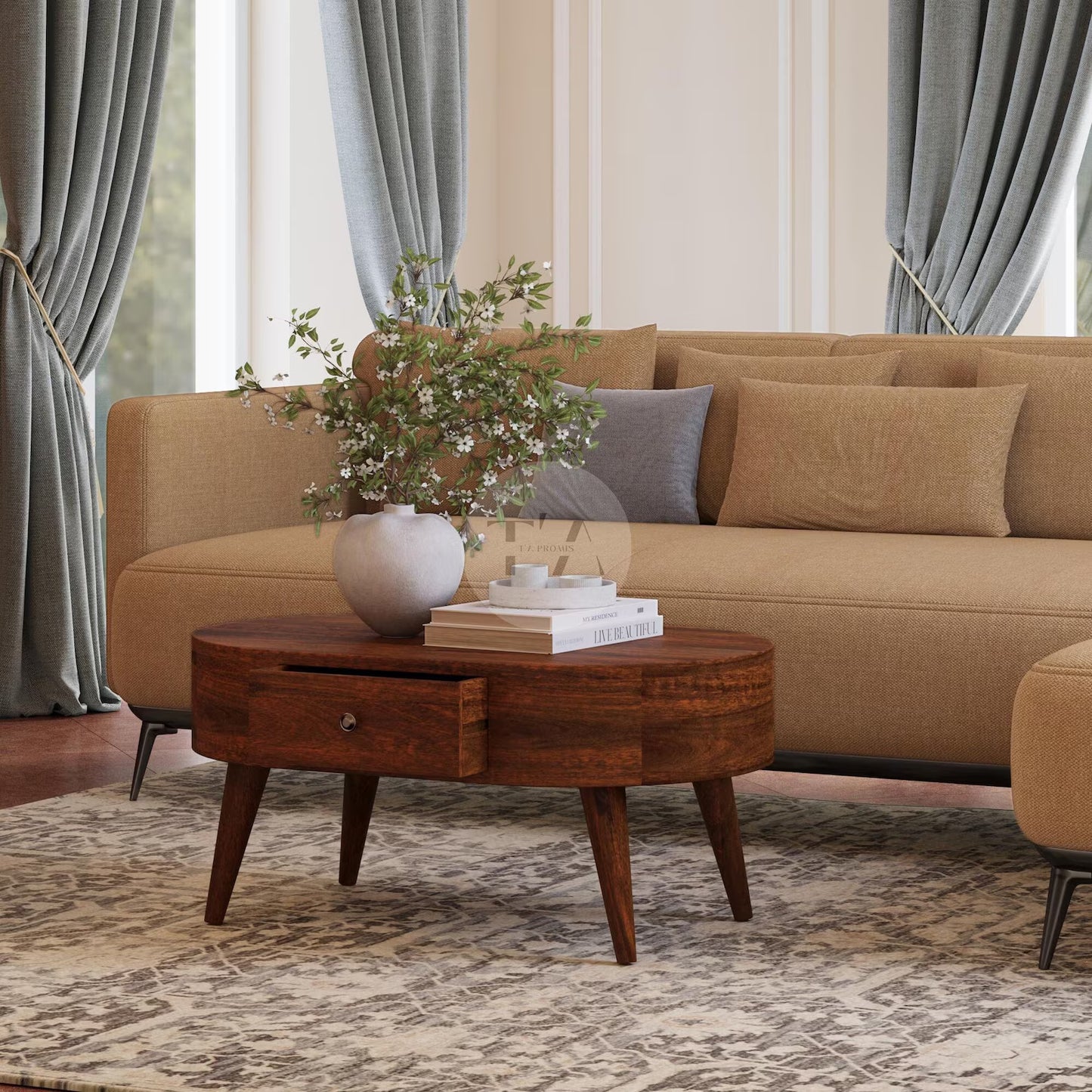 Μοντέρνο Τραπεζάκι Σαλονιού Καμπυλωτό Μασίφ Ξύλο Καφέ Καστανιά IN906